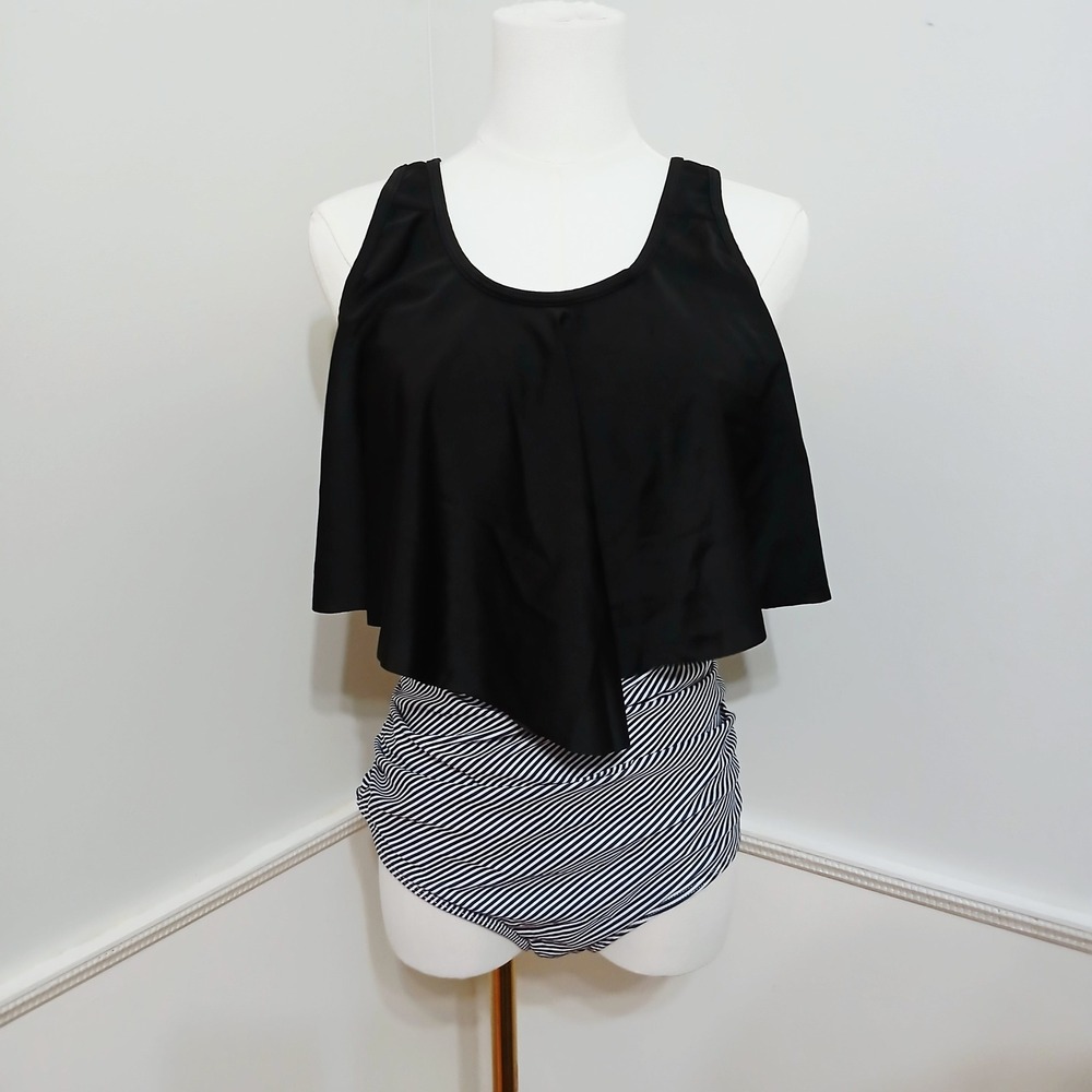Black Flounce Tankini Set Striped High Waist Bottoms Large NWOT